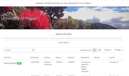 Screenshot of website for job listings at The University of Hawai'i at West Oahu (UHWO)